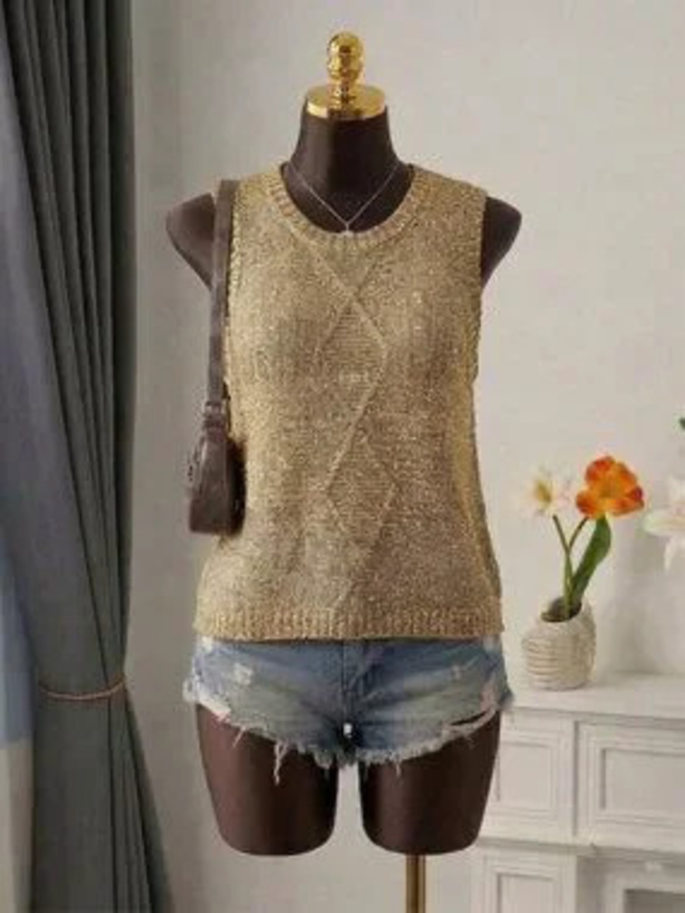 Gold Casual Women's Round Neck Asymmetric Hem Design Sleeveless Knit Top - Picture 2 of 5